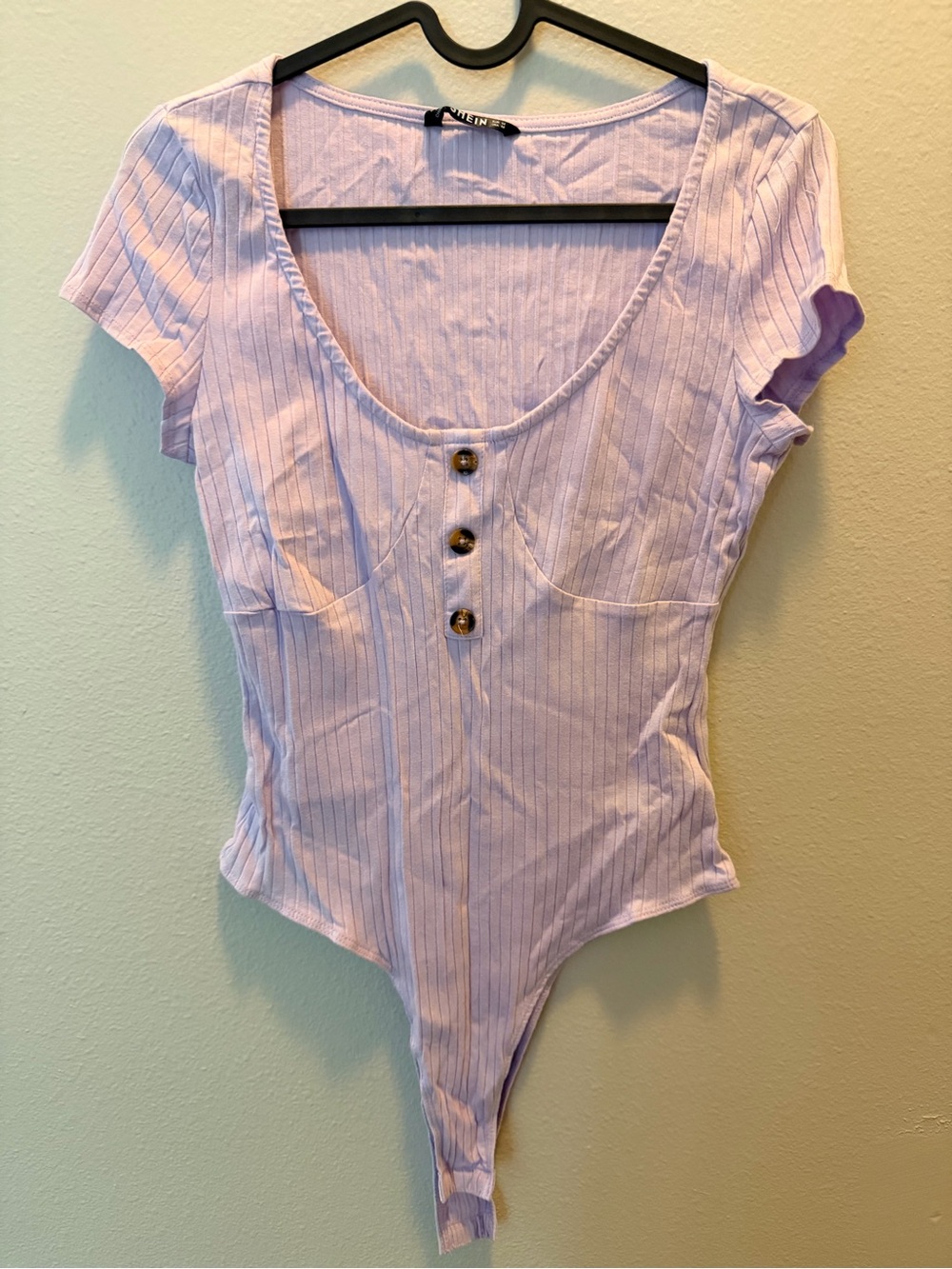 SHEIN Lavender Ribbed Short Sleeve Button Front Bodysuit